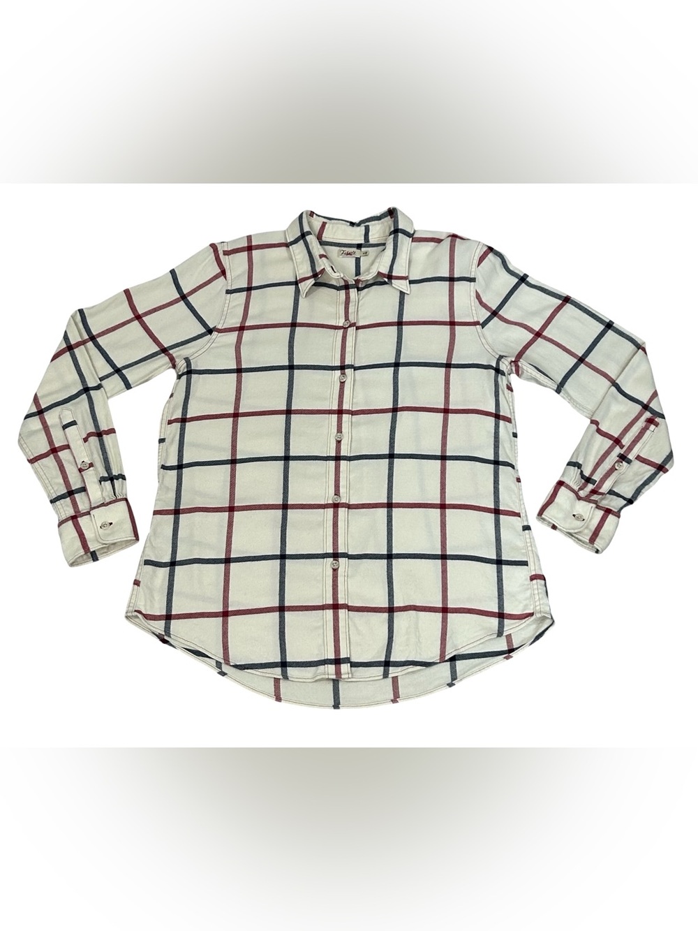 Faherty Womens M Cream Burgundy Navy Plaid Flannel Button Down Shirt Country - Picture 2 of 12